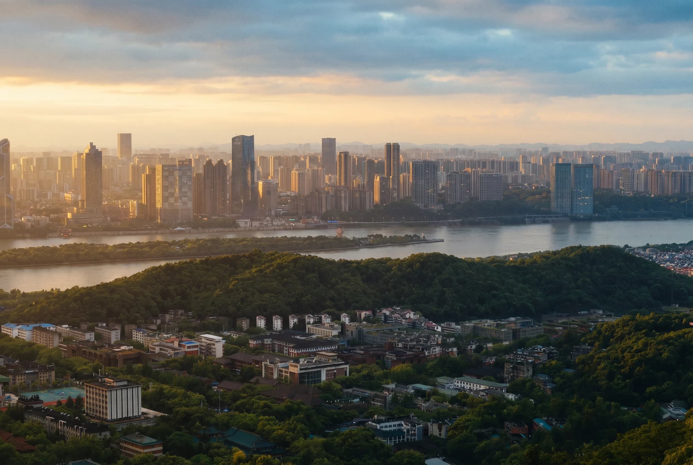 Warm evening light falls across a city, river and wooded hills