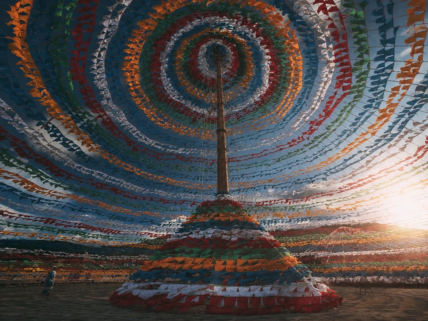 Concentric rings of colorful prayer flags radiate around a central mast