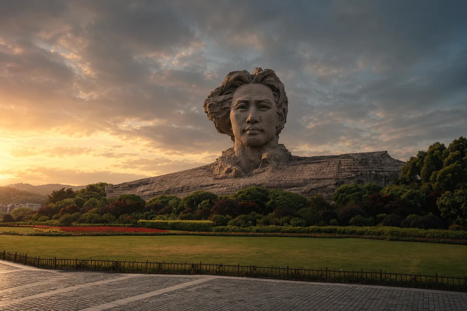 A monumental stone sculpture stands against a glowing sunset sky