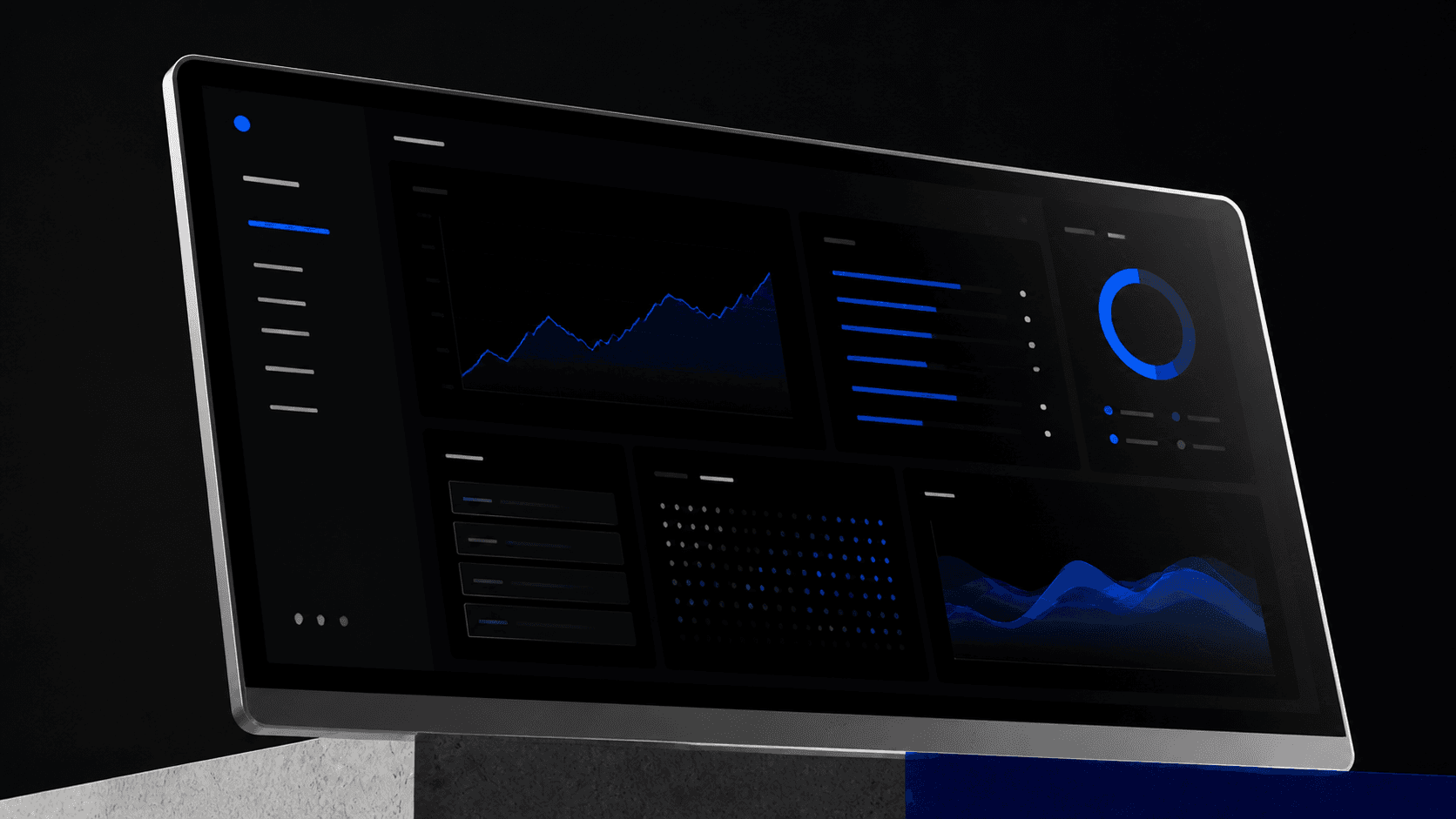 Dark digital interface with cobalt data accents